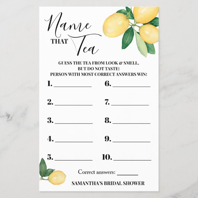 Lemons Name that Tea Bridal Shower Game Card Flyer (Front)
