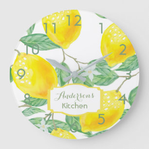Lemons name yellow green kitchen large clock