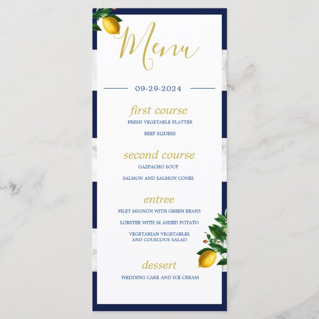 Lemons Navy White Marble Summer Monogram Menu (Front)