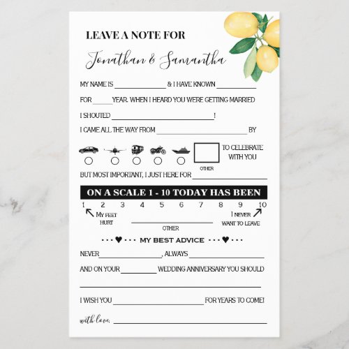 Lemons Note for Couple Wedding Activity Game Card Flyer