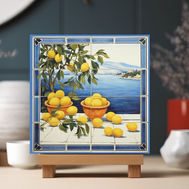 Lemons of Greece  Ceramic Tile (A ceramic tile showing a Grecian landscape with lemons is shown in a display stand.)