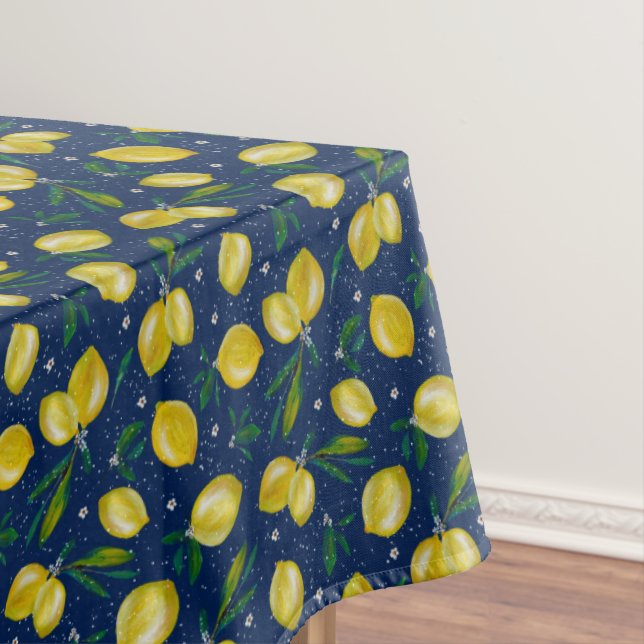 Lemons of Sorrento Blue and Yellow Citrus Tablecloth (In Situ)