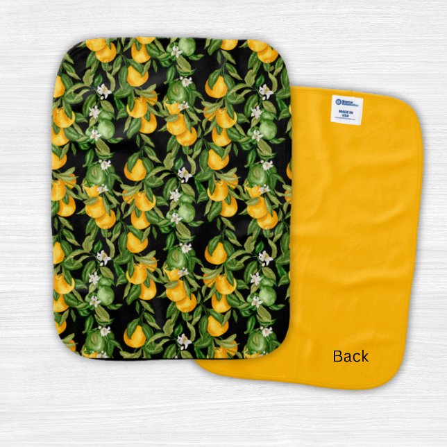 Lemons on Black Baby Burp Cloth (Mediterranean Lemons on black chi baby burp cloth - Yellow back)