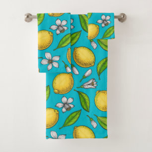 Lemons on blue bath towel set