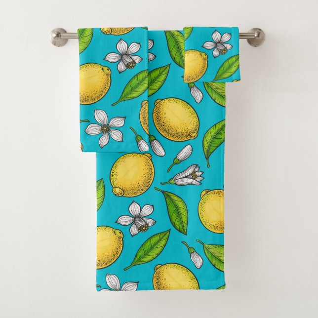 Lemons on blue bath towel set (Insitu)