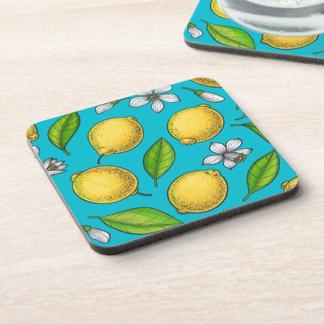 Lemons on blue beverage coaster (Left Side)