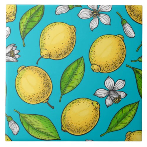 Lemons on blue ceramic tile