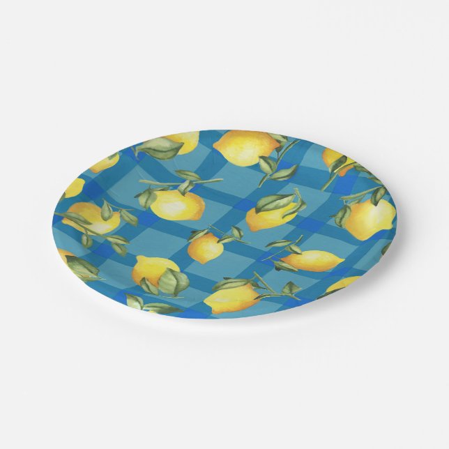 Lemons on Blue Plaid Paper Plates (Angled)