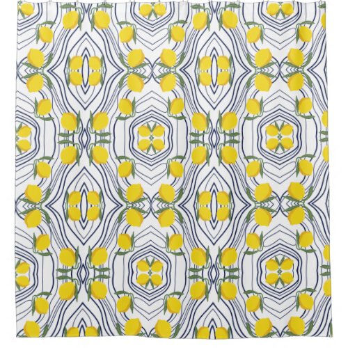 Lemons on Curved Navy Blue Botanical Design Citrus Shower Curtain