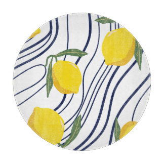 Lemons on Curved Navy Blue Botanical Summer Citrus Cutting Board
