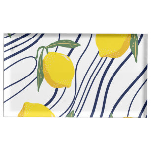 Lemons on Curved Navy Blue Botanical Summer Citrus Place Card Holder