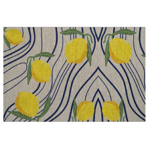Lemons on Navy Blue Curves Botanical Citrus Design Fabric