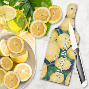 Lemons on Navy Blue Personalized Glass Cutting Board