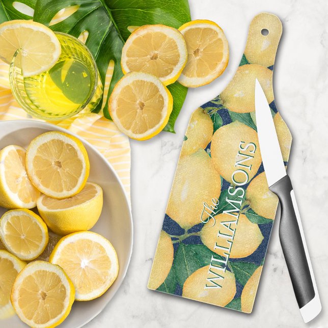 Lemons on Navy Blue Personalized Glass Cutting Board (Lemons on Navy Blue Personalized Glass Cutting Board)