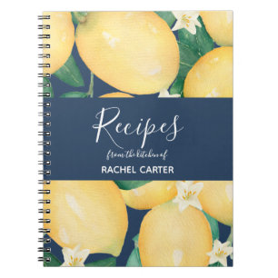 Lemons On Navy Blue Personalized Recipes Notebook