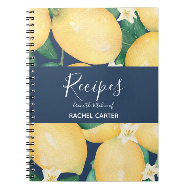 Lemons On Navy Blue Personalized Recipes Notebook (Front)