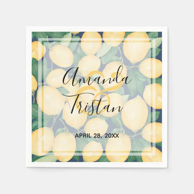 Lemons on Navy Blue Wedding Napkins (Front)