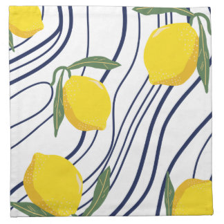 Lemons on navy curves, modern citrus Mediterranean Cloth Napkin