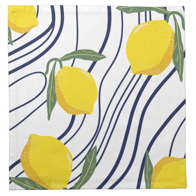 Lemons on navy curves, modern citrus Mediterranean Cloth Napkin (Front)
