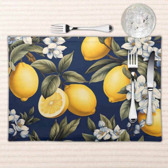 Lemons on Navy - Mediterranean Cloth  Placemat (Cloth Placemat - Lemons & Blooms on Navy - Mediterranean Kitchen Decor)