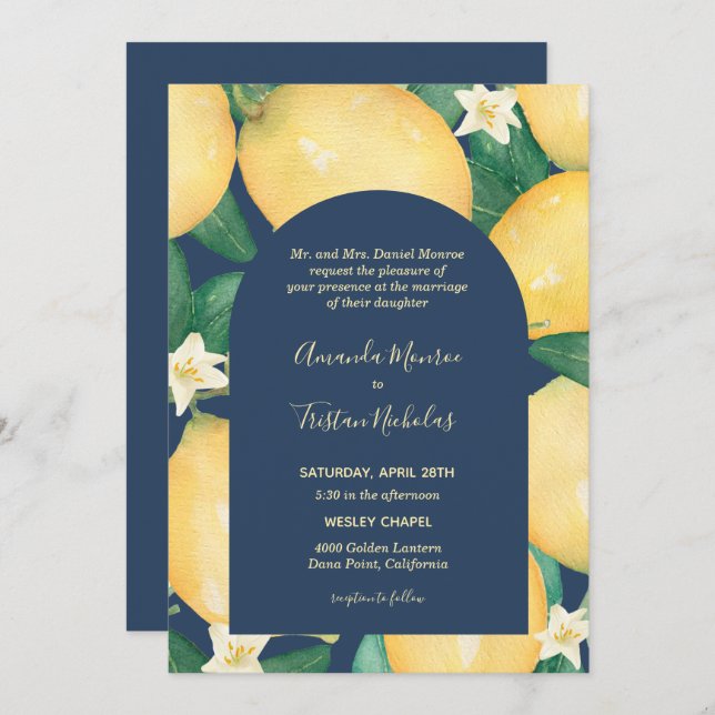 Lemons on Navy Wedding All in One Invites (Front/Back)
