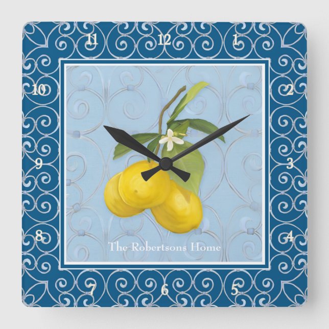 Lemons on Tree Branch w Leaves Flower Scroll Names Square Wall Clock (Front)