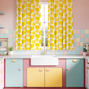 Lemons On White Kitschy Kitchen Curtains