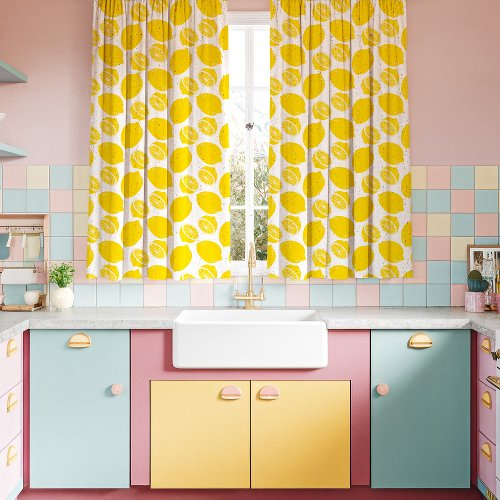 Lemons On White Kitschy Kitchen Curtains