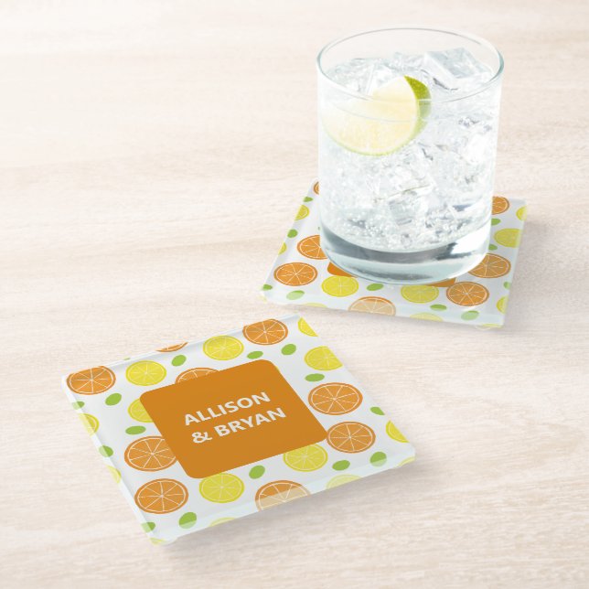 Lemons, Oranges and Grapes Fruit Personalized Glass Coaster (Angled)