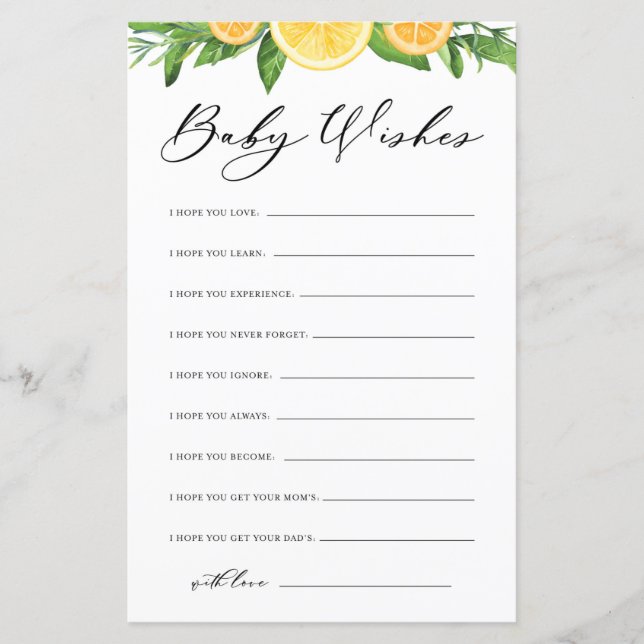 Lemons & Oranges Baby Shower Well Wishes for Baby (Front)