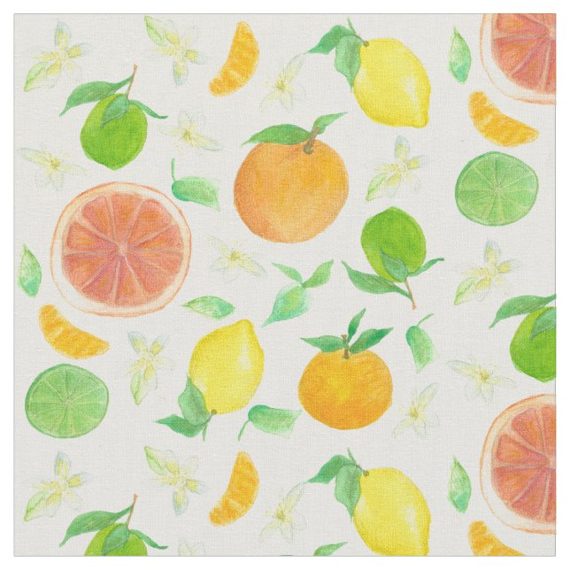Lemons Oranges Grapefruit Citrus Fruit Watercolor Fabric (Close Up)