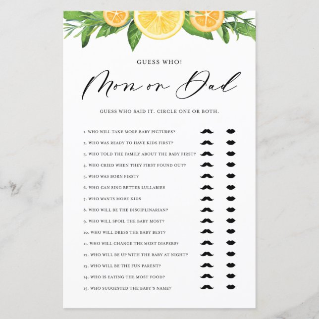 Lemons & Oranges Mom or Dad He Said She Said Game (Front)