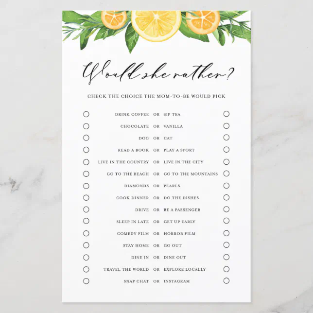 Lemons Oranges WOuld She Rather Baby Shower Game Zazzle