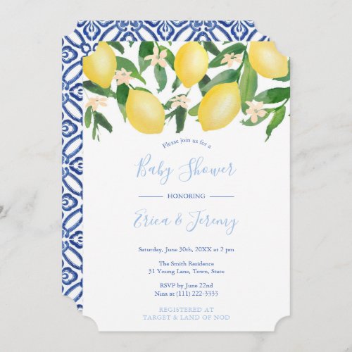 Lemons Pale and Classic Blue Co-Ed Boy Baby Shower Invitation - Watercolor lemons and glossy green leaves with powder blue text accents, complemented by cobalt blue and white tile reverse.