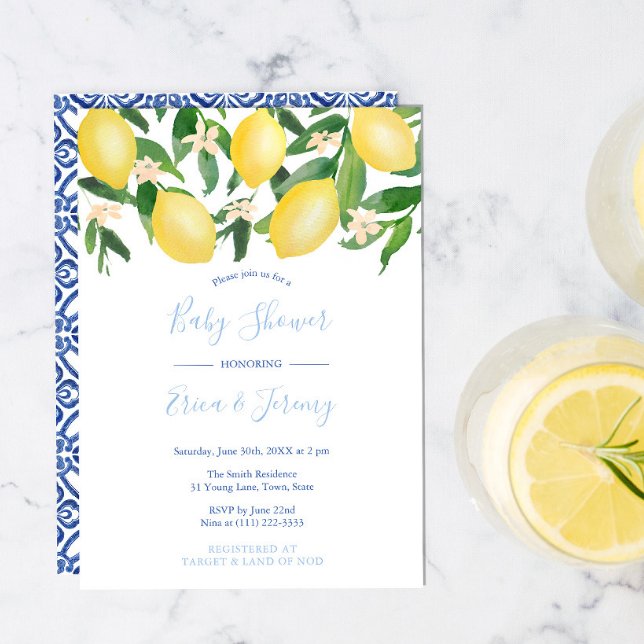Lemons Pale and Classic Blue Co-Ed Boy Baby Shower Invitation