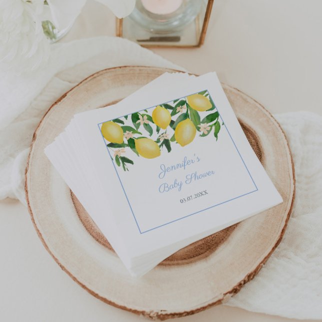 Lemons Pale Blue Boy Baby Shower Party Napkins (Watercolor lemons with pale blue accents napkins for baby boy shower )