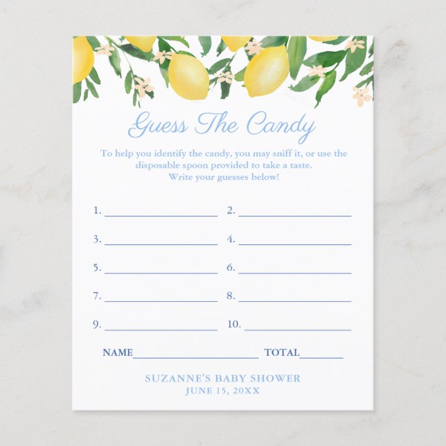 Lemons Pale Blue Guess The Candy Baby Shower Game Flyer (Front)