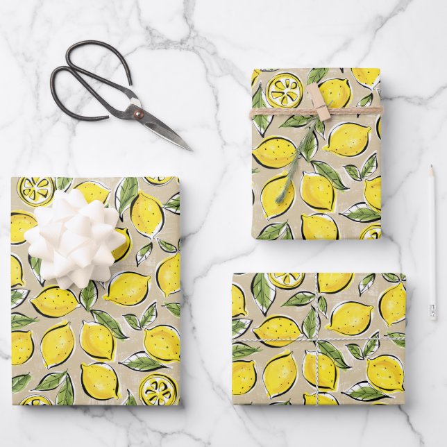 Lemons Pattern Yellow Wrapping Paper Sheets (Front)