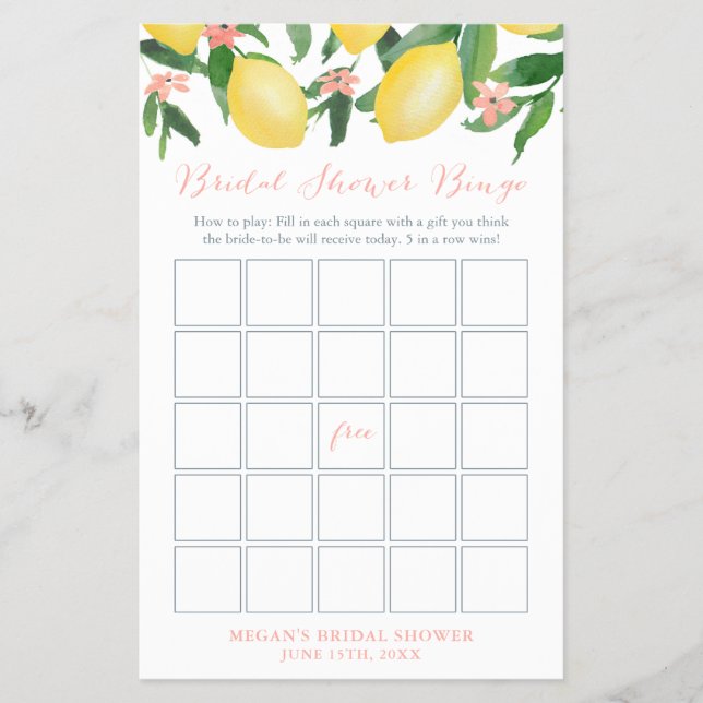 Lemons Pink Bridal Shower Bingo Game Card Flyer (Front)