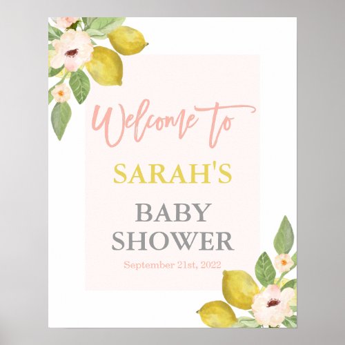 Lemons Pink Floral Baby Shower welcome sign