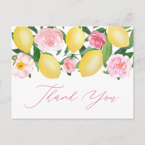 Lemons Pink Floral Calligraphy Thank You Postcard