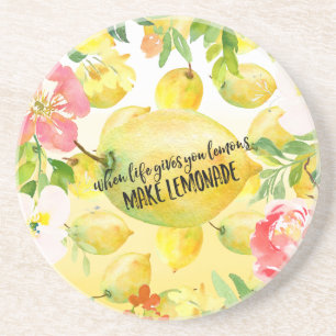 Lemons Pink floral ombre watercolor inspirational Coaster