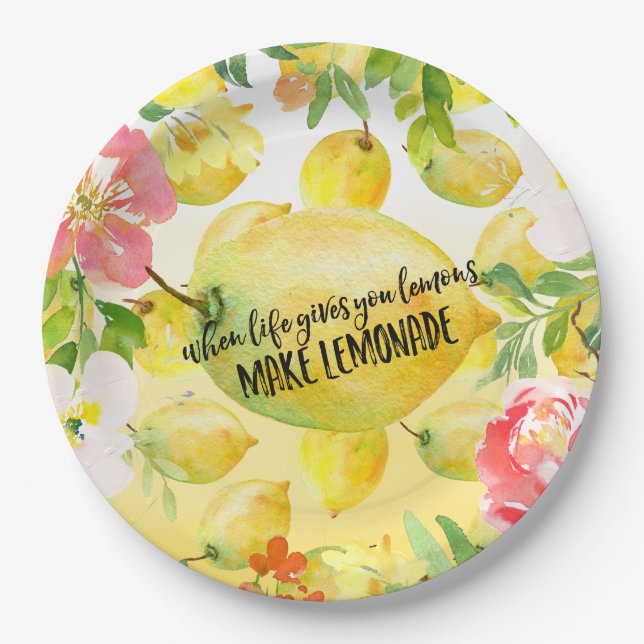 Lemons Pink floral ombre watercolor inspirational Paper Plates (Front)