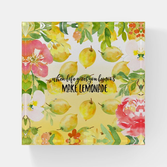 Lemons Pink floral ombre watercolor inspirational Paperweight (Front)
