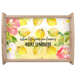 Lemons Pink floral ombre watercolor inspirational Serving Tray