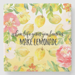 Lemons Pink floral ombre watercolor inspirational Stone Coaster