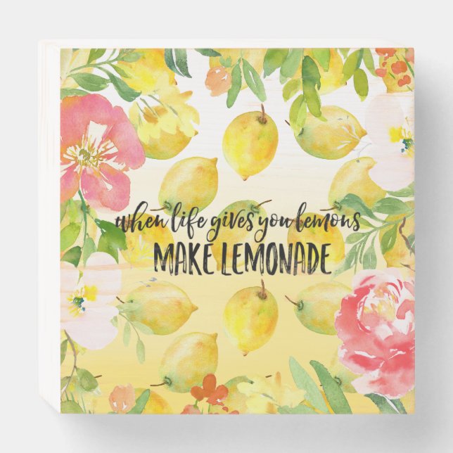 Lemons Pink floral ombre watercolor  Wooden Box Sign (Front Horizontal)