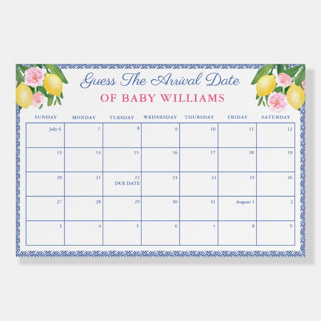 Lemons Pink Flowers Guess Baby's Arrival Date Game Foam Board (Front)