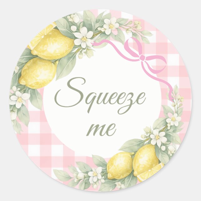 Lemons pink gingham squeeze me party favor classic round sticker (Front)