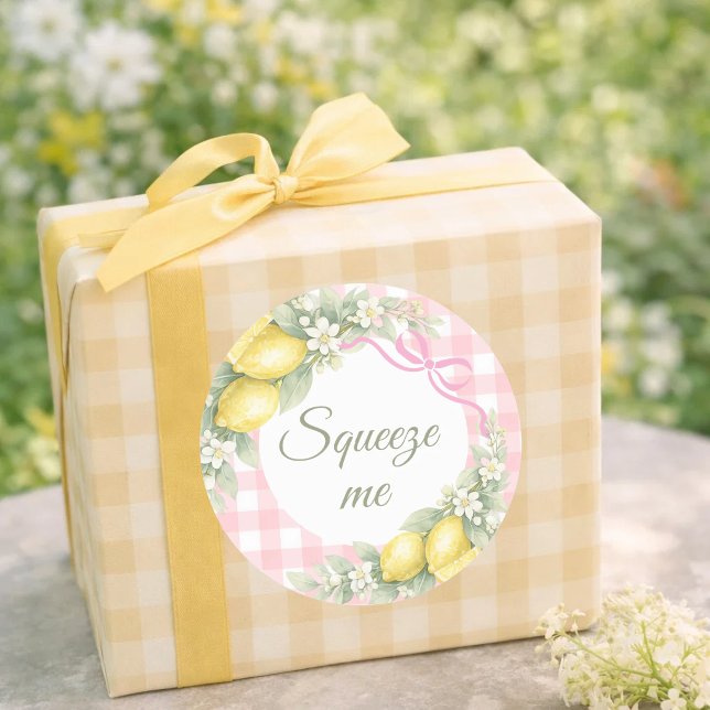 Lemons pink gingham squeeze me party favor classic round sticker (Creator Uploaded)